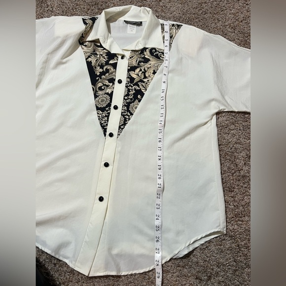 My Kinda Gal Vintage Cream Blouse Black Paisley Shoulder Pads Made in USA L - Picture 15 of 15